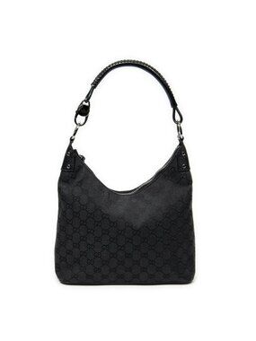 Gucci Ring Handle Zip Hobo Black GG Canvas